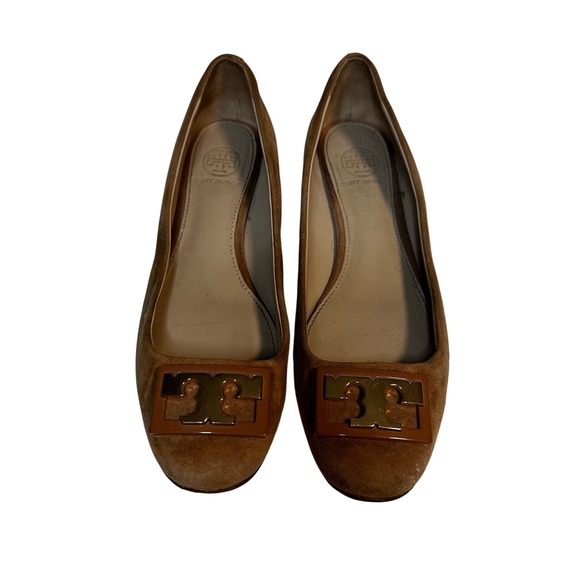 Tory Burch Suede Ballet Flats Tan Logo Buckle Women Size 6.5M
